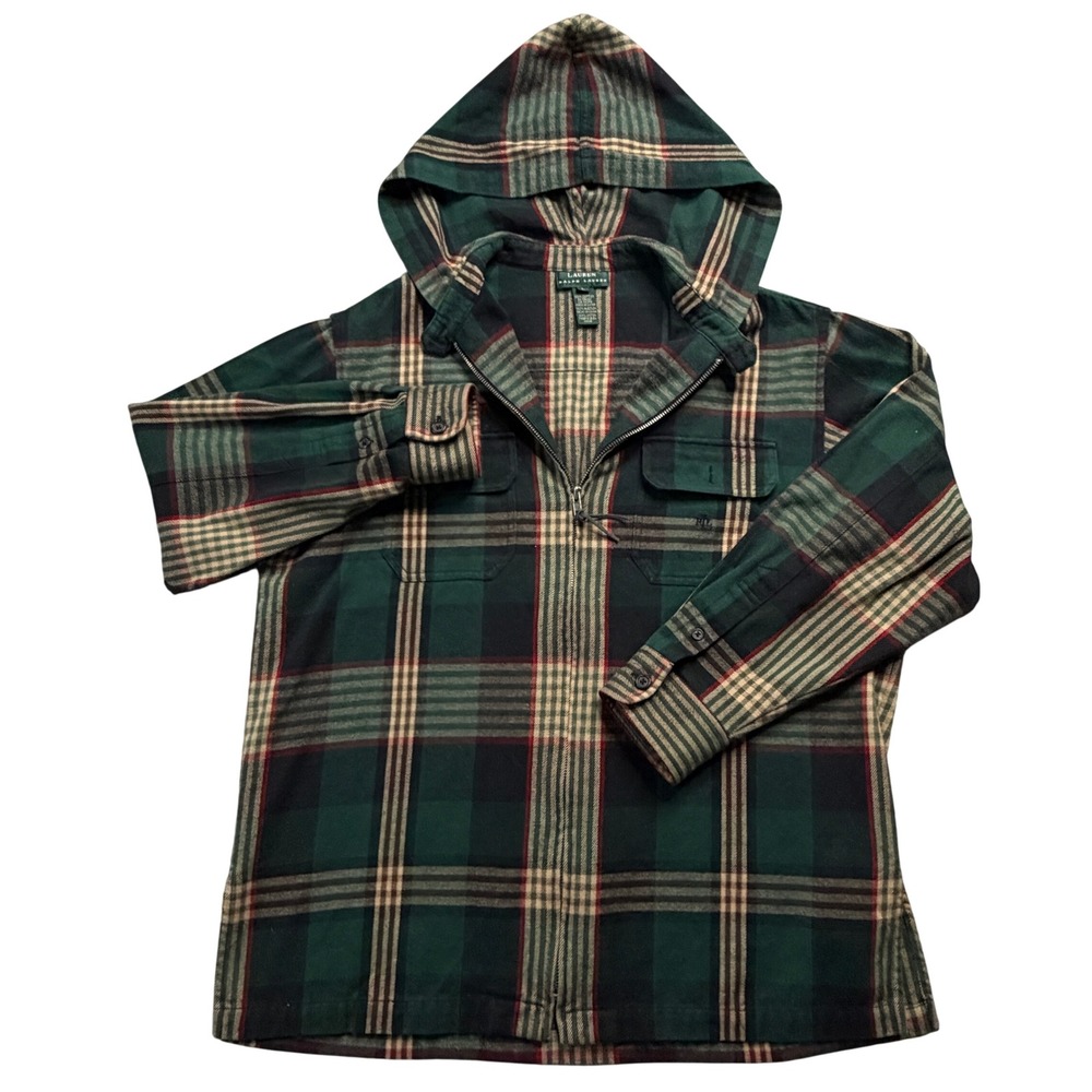 Lauren Ralph Lauren Green Plaid Hooded Flannel Shirt Full Zip Cotton Jacket L